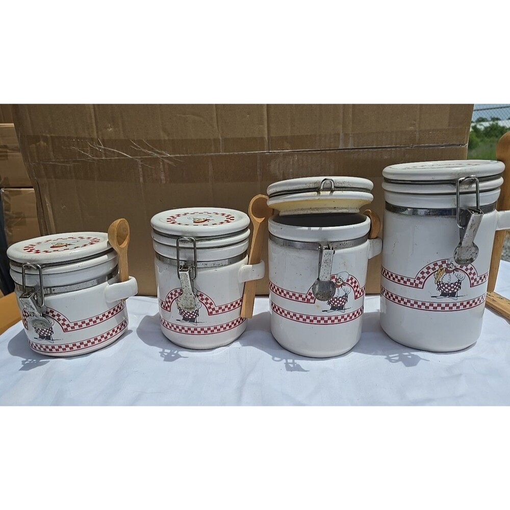 4 PC CHEF KITCHEN CANISTER SET BY ALCO INDUSTRIES, SELDOM SEEN: 5,6,7,8"